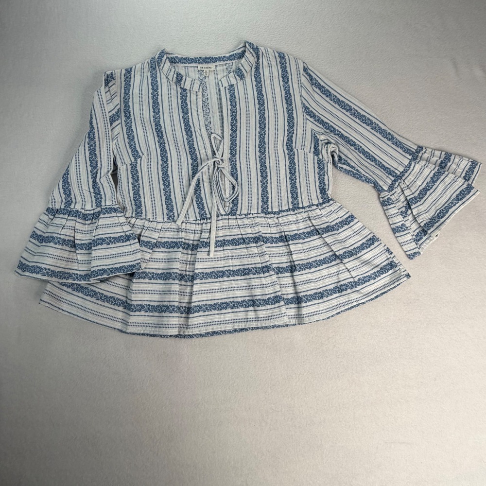 En Creme Blue White Floral Striped Cotton Babydoll Peplum Top Bell Sleeve Small